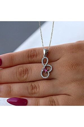 Kırmızı Beyaz Taşlı Sonsuzluklu Kalp Gümüş Kolye