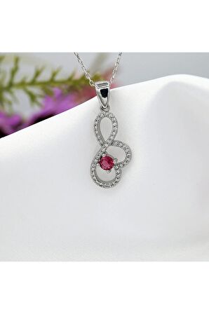 Kırmızı Beyaz Taşlı Sonsuzluklu Kalp Gümüş Kolye