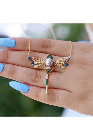 Renkli Taşlı Incili Yusufçuk Gümüş Kolye