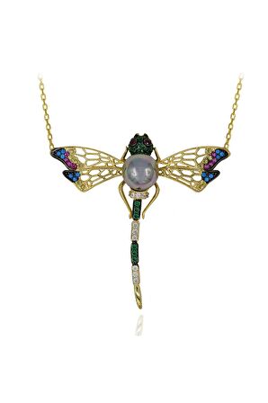 Renkli Taşlı Incili Yusufçuk Gümüş Kolye