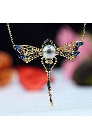 Renkli Taşlı Incili Yusufçuk Gümüş Kolye