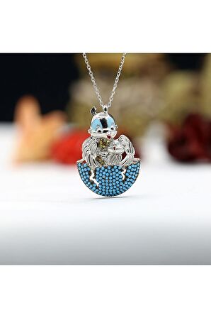 Turkuaz Taşlı Yumurtadan Çıkan Yavru Kuş Gümüş Kolye
