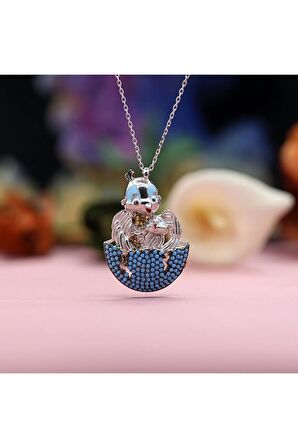 Turkuaz Taşlı Yumurtadan Çıkan Yavru Kuş Gümüş Kolye