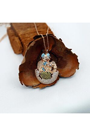 Renkli Taşlı Yumurtadan Çıkan Yavru Kuş Gümüş Kolye