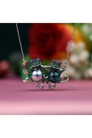 Kurbağa Kolye, Kurbağa Gümüş Kolye, Sevimli Kurbağa Kolye, Yeşil Taşlı Kurbağa Kolye