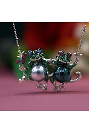 Kurbağa Kolye, Kurbağa Gümüş Kolye, Sevimli Kurbağa Kolye, Yeşil Taşlı Kurbağa Kolye