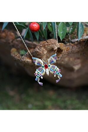 Renkli Taşlı Kelebek Gümüş Kolye