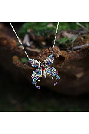 Renkli Taşlı Kelebek Gümüş Kolye