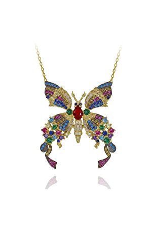 Renkli Taşlı Kelebek Gümüş Kolye