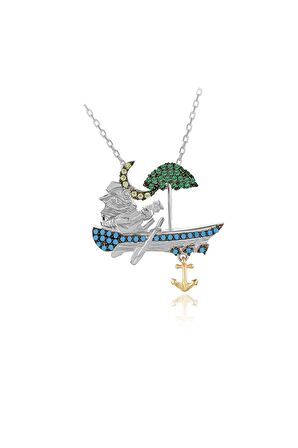 Kadın Beyaz Sandalda Gitar Çalan Baykuş 925 Ayar Gümüş Kolye