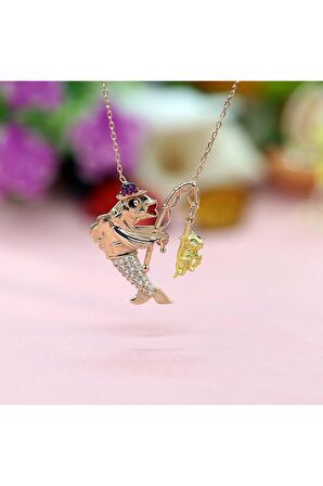 Kadın Rose Oltayla Kedi Yakalayan Balık 925 Ayar Gümüş Kolye