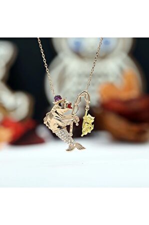 Kadın Rose Oltayla Kedi Yakalayan Balık 925 Ayar Gümüş Kolye