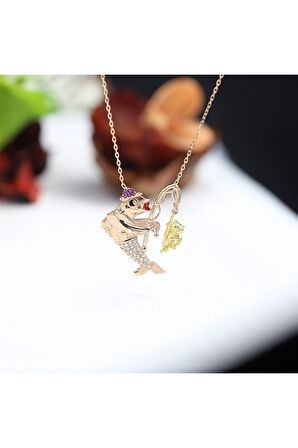 Kadın Rose Oltayla Kedi Yakalayan Balık 925 Ayar Gümüş Kolye
