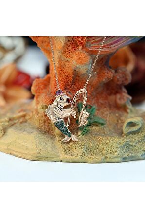 Kadın Rose Oltayla Kedi Yakalayan Balık 925 Ayar Gümüş Kolye