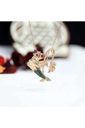 Kadın Rose Oltayla Kedi Yakalayan Balık 925 Ayar Gümüş Kolye