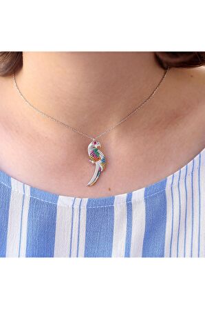 Kadın Beyaz Rengarenk Taşlı Papağan 925 Ayar Gümüş Kolye