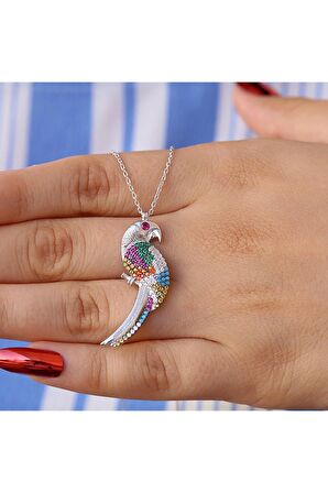 Kadın Beyaz Rengarenk Taşlı Papağan 925 Ayar Gümüş Kolye