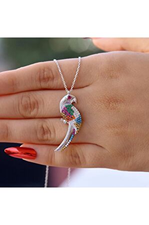 Kadın Beyaz Rengarenk Taşlı Papağan 925 Ayar Gümüş Kolye