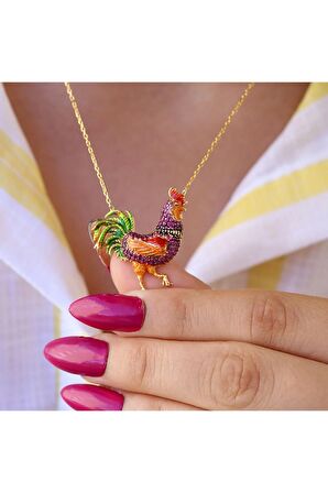 Kadın Altın Fuşya Taşlı Mineli Rengarenk Horoz 925 Ayar Gümüş Kolye
