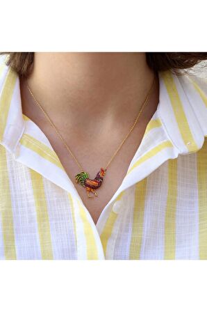 Kadın Altın Fuşya Taşlı Mineli Rengarenk Horoz 925 Ayar Gümüş Kolye