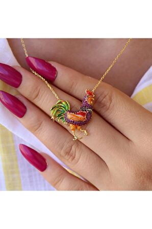 Kadın Altın Fuşya Taşlı Mineli Rengarenk Horoz 925 Ayar Gümüş Kolye