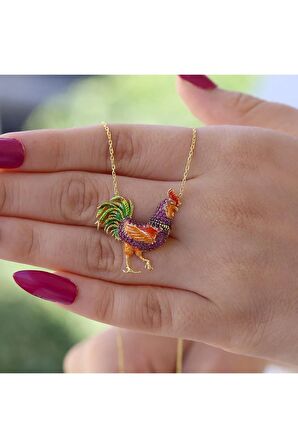 Kadın Altın Fuşya Taşlı Mineli Rengarenk Horoz 925 Ayar Gümüş Kolye