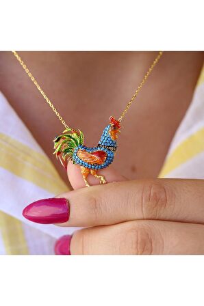Kadın Altın Turkuaz Taşlı Mineli Rengarenk Horoz  925 Ayar Gümüş Kolye