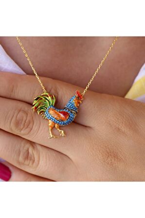 Kadın Altın Turkuaz Taşlı Mineli Rengarenk Horoz  925 Ayar Gümüş Kolye