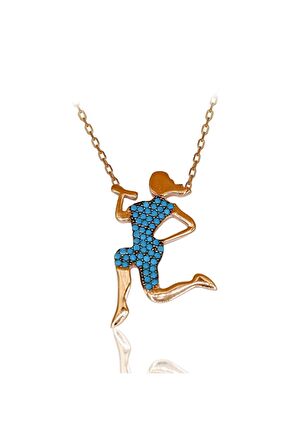 Kadın Rose Turkuaz Taşlı Dambıl Çalışan Kız 925 Ayar Gümüş Kolye