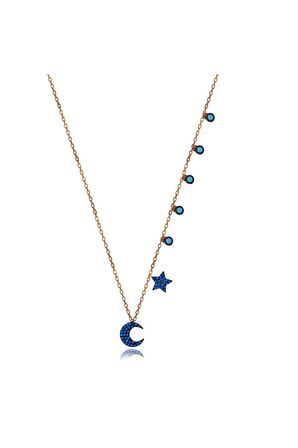 Kadın Rose Turkuaz Taşlı Ay Yıldız Şans 925 Ayar Gümüş Kolye