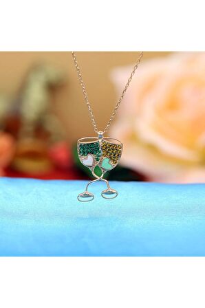 Kadın Sarı Yeşil Taşlı Mineli Kadeh 925 Ayar Gümüş Kolye