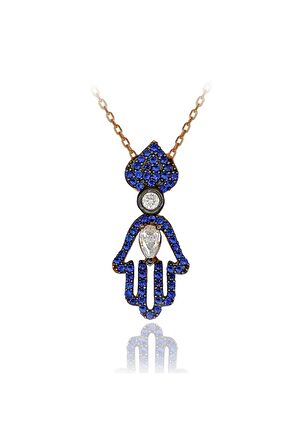 Kadın Rose Safir Beyaz Taşlı Fatma Eli 925 Ayar Gümüş Kolye
