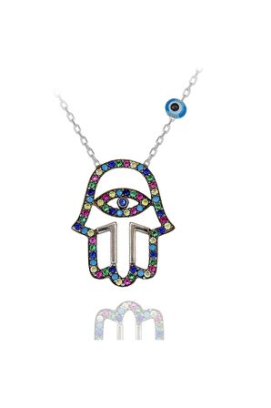 Kadın Rengarenk Taşlı Nazar Boncuklu Gözlü Fatma Eli 925 Ayar Gümüş Kolye