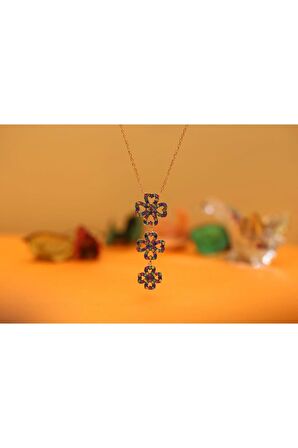 Kadın Rose Siyah Taşlı Sallantılı Yonca 925 Ayar Gümüş Kolye