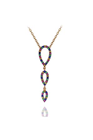 Kadın Rose Rengarenk Taşlı Sallantılı Damla 925 Ayar Gümüş Kolye