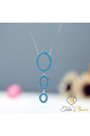 Kadın Turkuaz Taşlı Sallantılı Oval 925 Ayar Gümüş Kolye