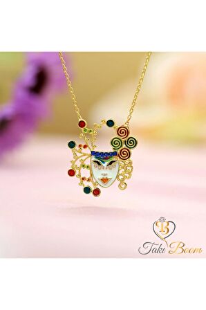 Kadın Altın Safir Taşlı Sihirbaz Maske 925 Ayar Gümüş Kolye