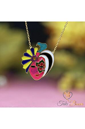 Kadın Altın Fuşya Taşlı Gökkuşağı Maske 925 Ayar Gümüş Kolye