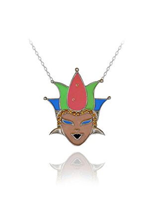 Kadın Beyaz Nano Sarı Taşlı Hokkabaz Maske 925 Ayar Gümüş Kolye