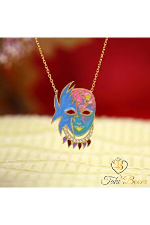 Kadın Altın Beyaz Taşlı Rengarenk Maske 925 Ayar Gümüş Kolye
