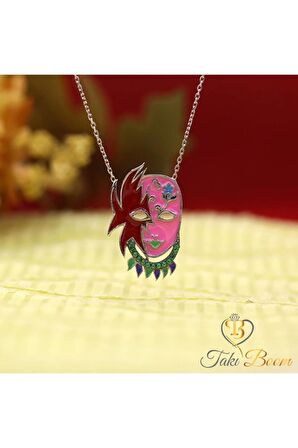 Kadın Pembe Yeşil Taşlı Rengarenk Maske 925 Ayar Gümüş Kolye