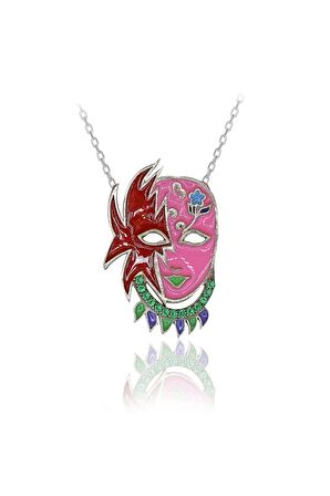 Kadın Pembe Yeşil Taşlı Rengarenk Maske 925 Ayar Gümüş Kolye