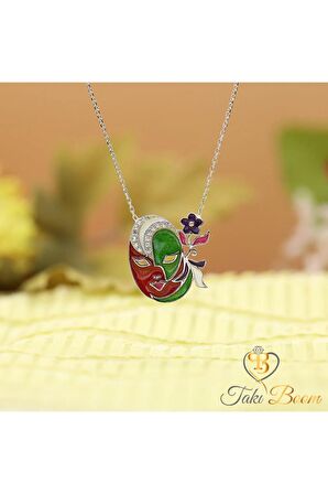 Kadın Beyaz Taşlı Papatyalı Maske 925 Ayar Gümüş Kolye