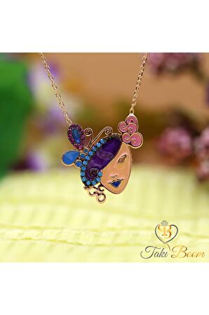 Kadın Fuşya Turkuaz Taşlı Kelebekli Maske 925 Ayar Gümüş Kolye