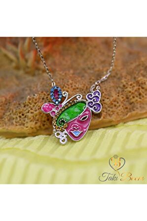 Kadın Pembe Akua Sarı Taşlı Kelebekli Maske  925 Ayar Gümüş Kolye