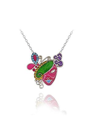 Kadın Pembe Akua Sarı Taşlı Kelebekli Maske  925 Ayar Gümüş Kolye