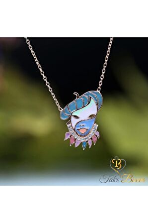 Kadın Pembe Beyaz Taşlı Robin Hood Maske 925 Ayar Gümüş Kolye