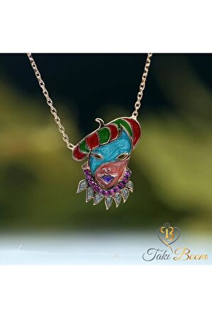 Kadın Fuşya Taşlı Robin Hood Maske 925 Ayar Gümüş Kolye