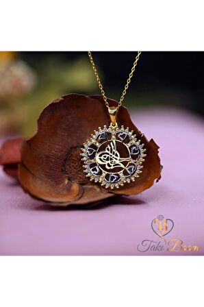 Kadın Altın Beyaz Taşlı Kalpli Tuğra 925 Ayar Gümüş Kolye