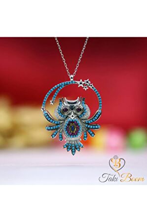 Kadın Fuşya Taşlı Nazar Boncuklu Yıldızlı Baykuş 925 Ayar Gümüş Kolye